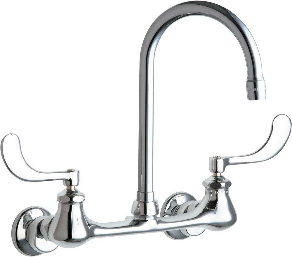 Chicago Faucets Polished Chrome 1.5 gpm 2-Hole Wall Mount Kitchen Sink Faucet with Single Wristblade Handle, 8 in. Center Size, Rigid and Swing Gooseneck Spout 5-3/8 in. Reach 