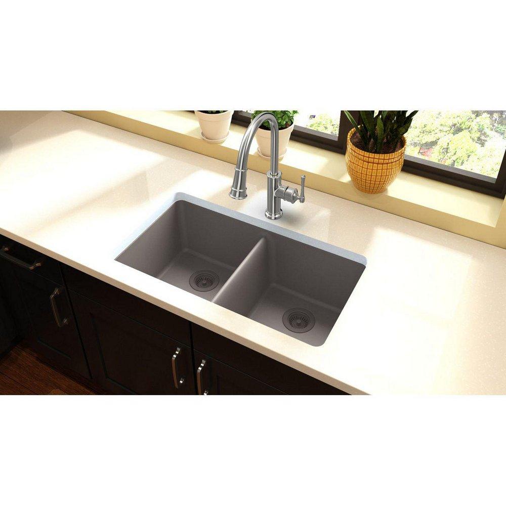 Elkay Greige 33 x 18-1/2 in. No Hole Composite Double Bowl Undermount Kitchen Sink 