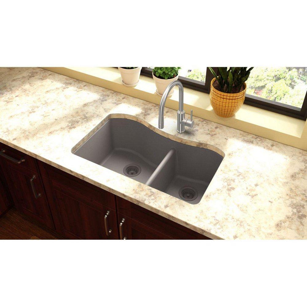 Elkay Greige 32-1/2 x 20 in. No Hole Composite Double Bowl Undermount Kitchen Sink 