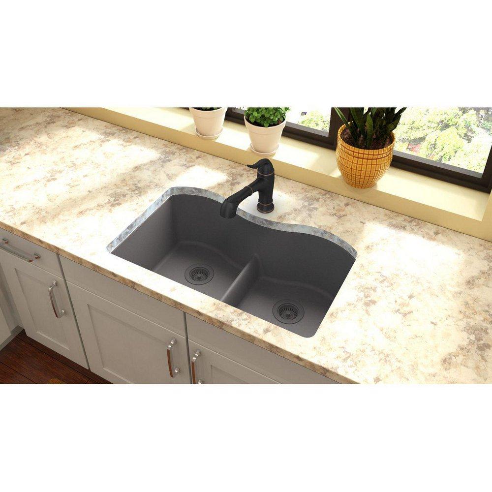 Elkay Greystone 33 x 20 in. No Hole Composite Double Bowl Undermount Kitchen Sink 