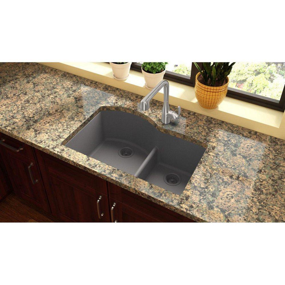 Elkay Greystone 33 x 22 in. No Hole Composite Double Bowl Undermount Kitchen Sink 