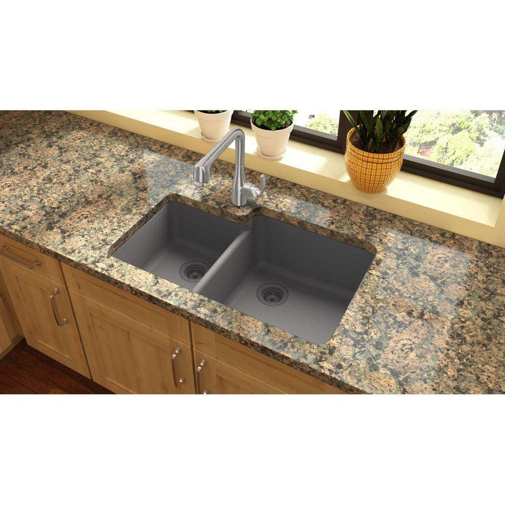 Elkay Greystone 33 x 20-11/16 in. No Hole Composite Double Bowl Undermount Kitchen Sink 