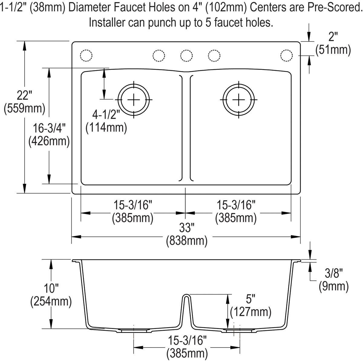 Elkay Greystone 33 x 22 in. No Hole Composite Double Bowl Drop-in Kitchen Sink 