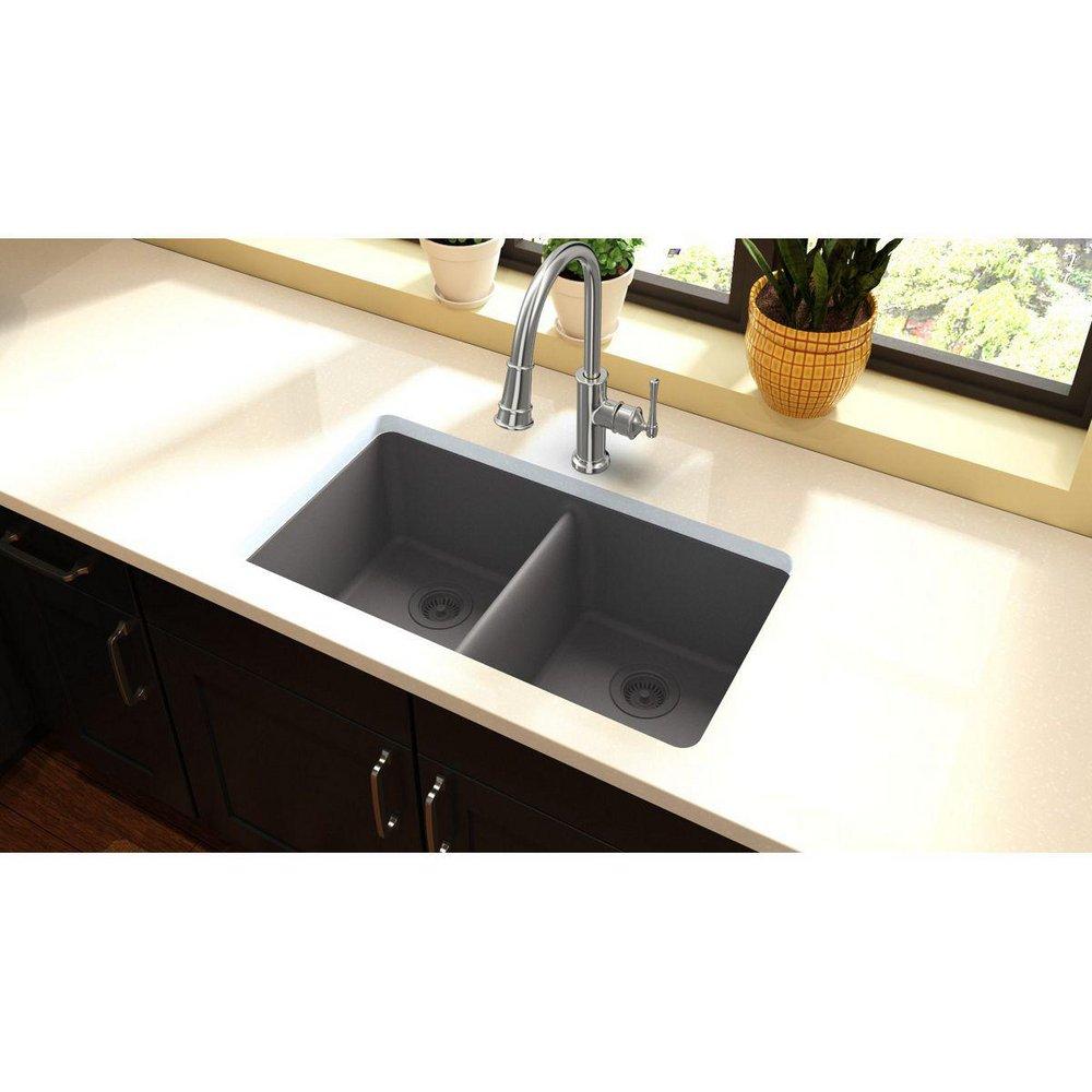 Elkay Greystone 33 x 18-1/2 in. No Hole Composite Double Bowl Undermount Kitchen Sink 