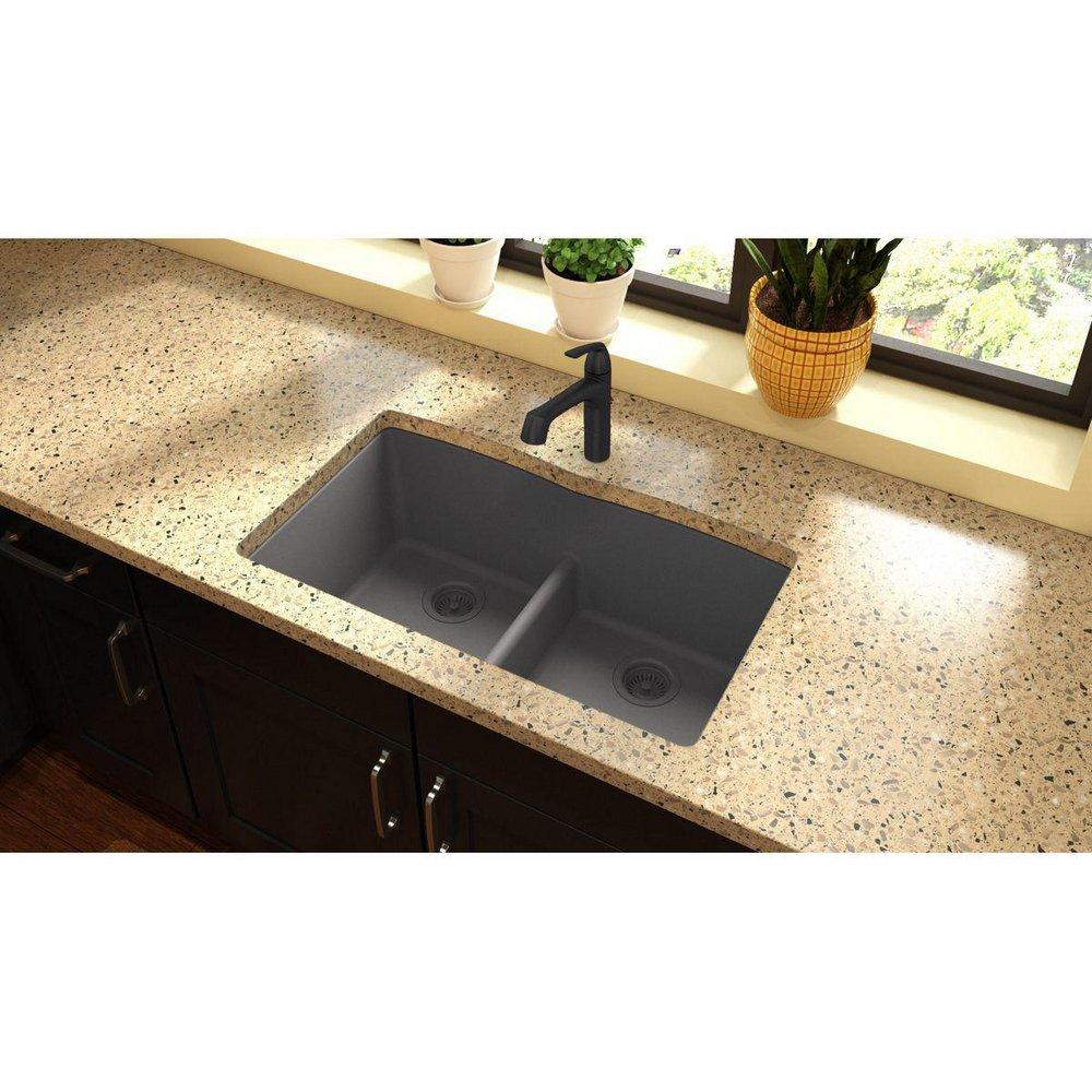 Elkay Greystone 33 x 19 in. No Hole Composite Double Bowl Undermount Kitchen Sink 