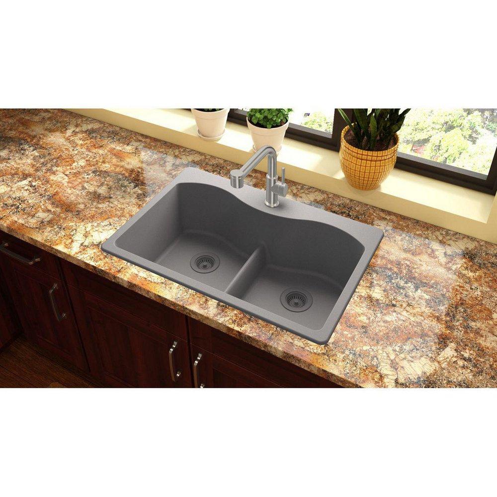 Elkay Greystone 33 x 22 in. No Hole Composite Double Bowl Drop-in Kitchen Sink 