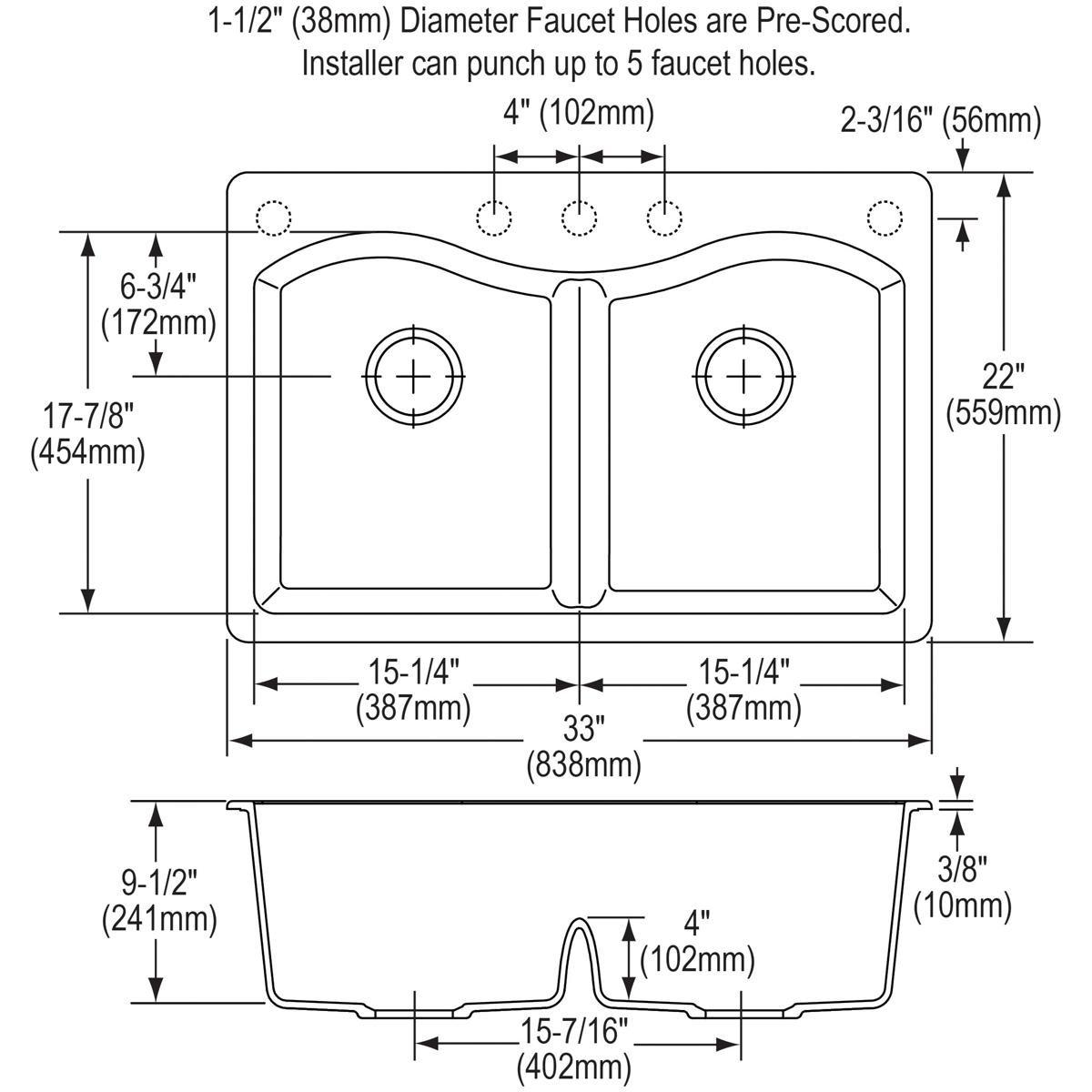 Elkay Greystone 33 x 22 in. No Hole Composite Double Bowl Drop-in Kitchen Sink 