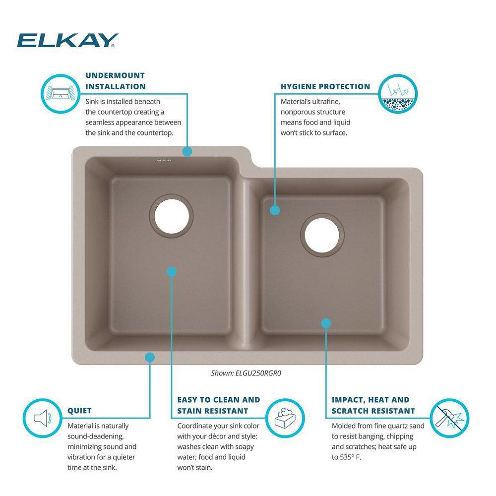 Elkay Greige 33 x 20-1/2 in. No Hole Composite Double Bowl Undermount Kitchen Sink 