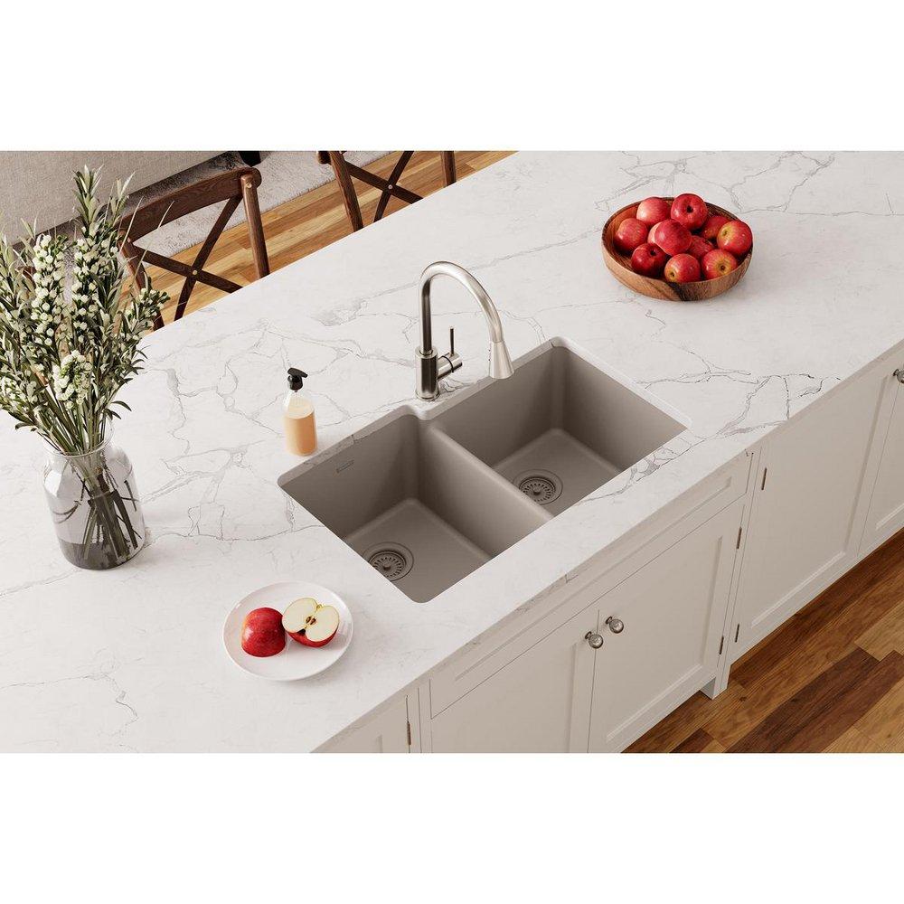 Elkay Greige 33 x 20-1/2 in. No Hole Composite Double Bowl Undermount Kitchen Sink 