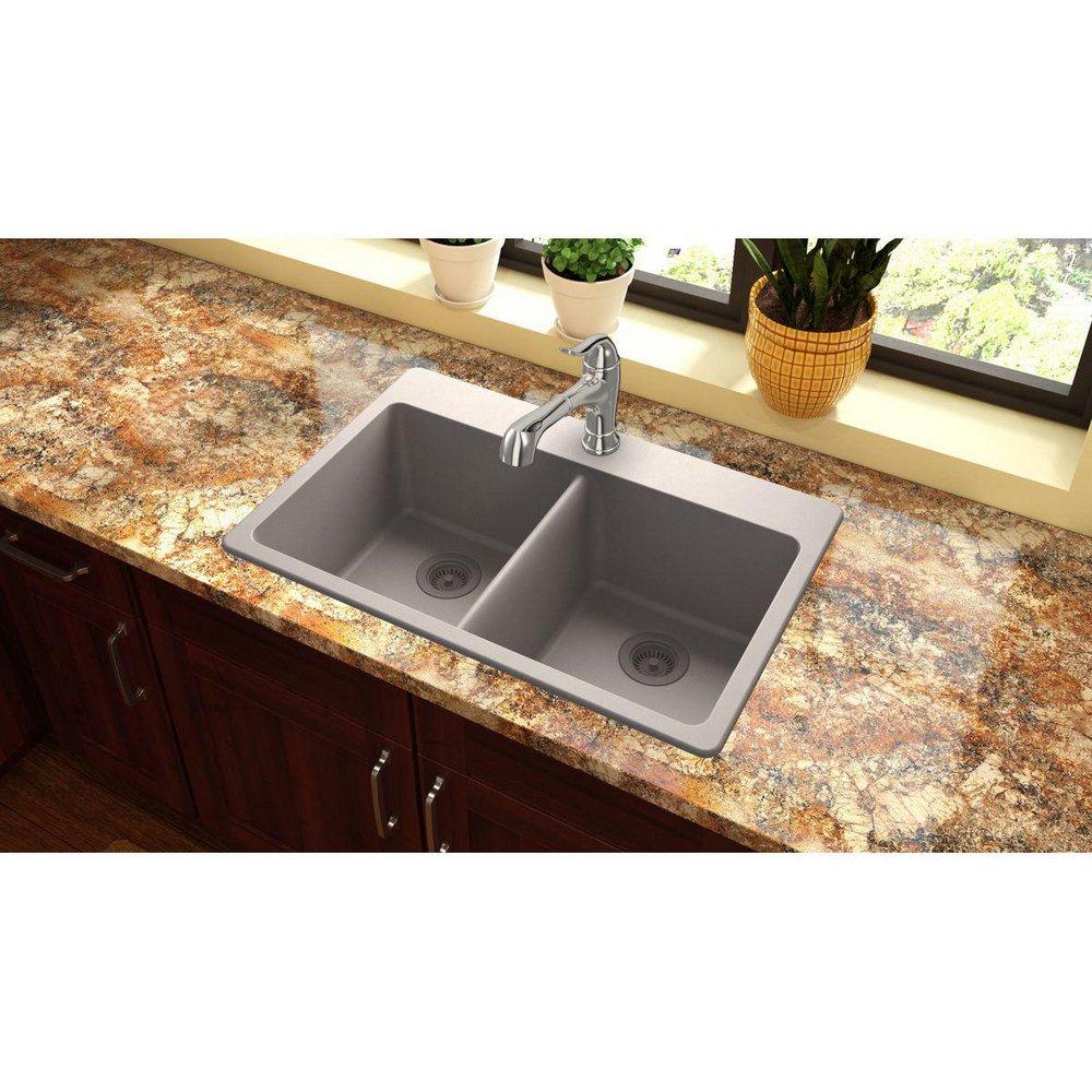 Elkay Greige 33 x 22 in. No Hole Composite Double Bowl Drop-in Kitchen Sink 