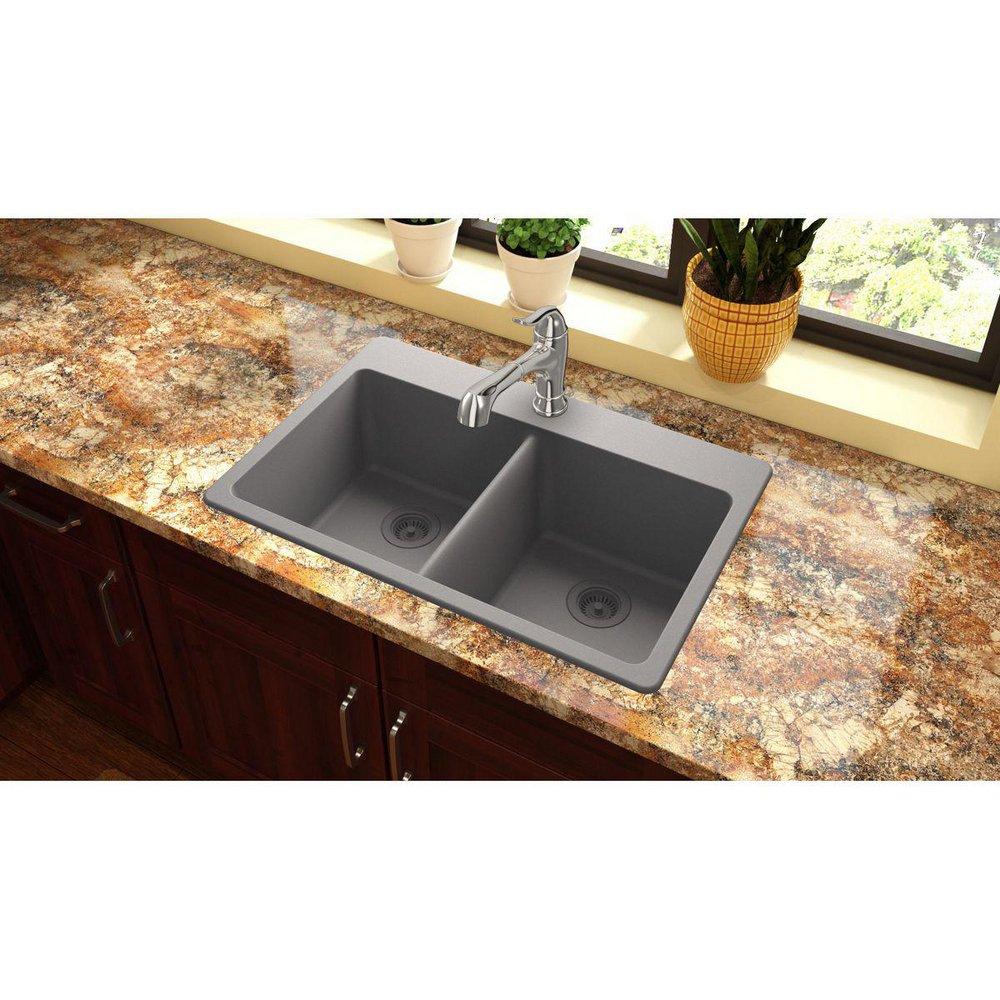 Elkay Greystone 33 x 22 in. No Hole Composite Double Bowl Drop-in Kitchen Sink 