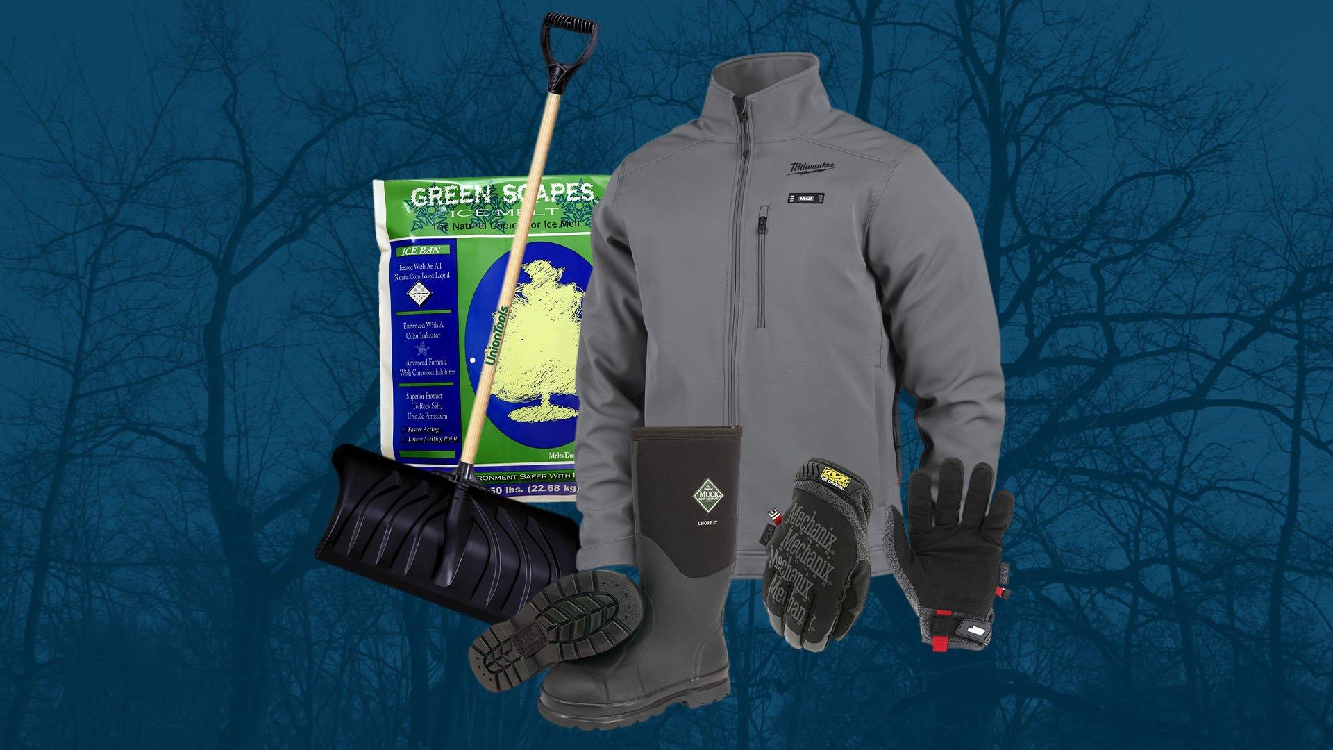 Image of winter gear: jacket, gloves, ice melt