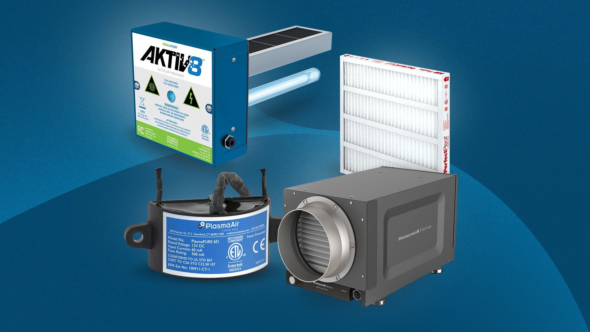 Silo image of dehumidifier, air filter, UV filter and air cleaner against blue background. 