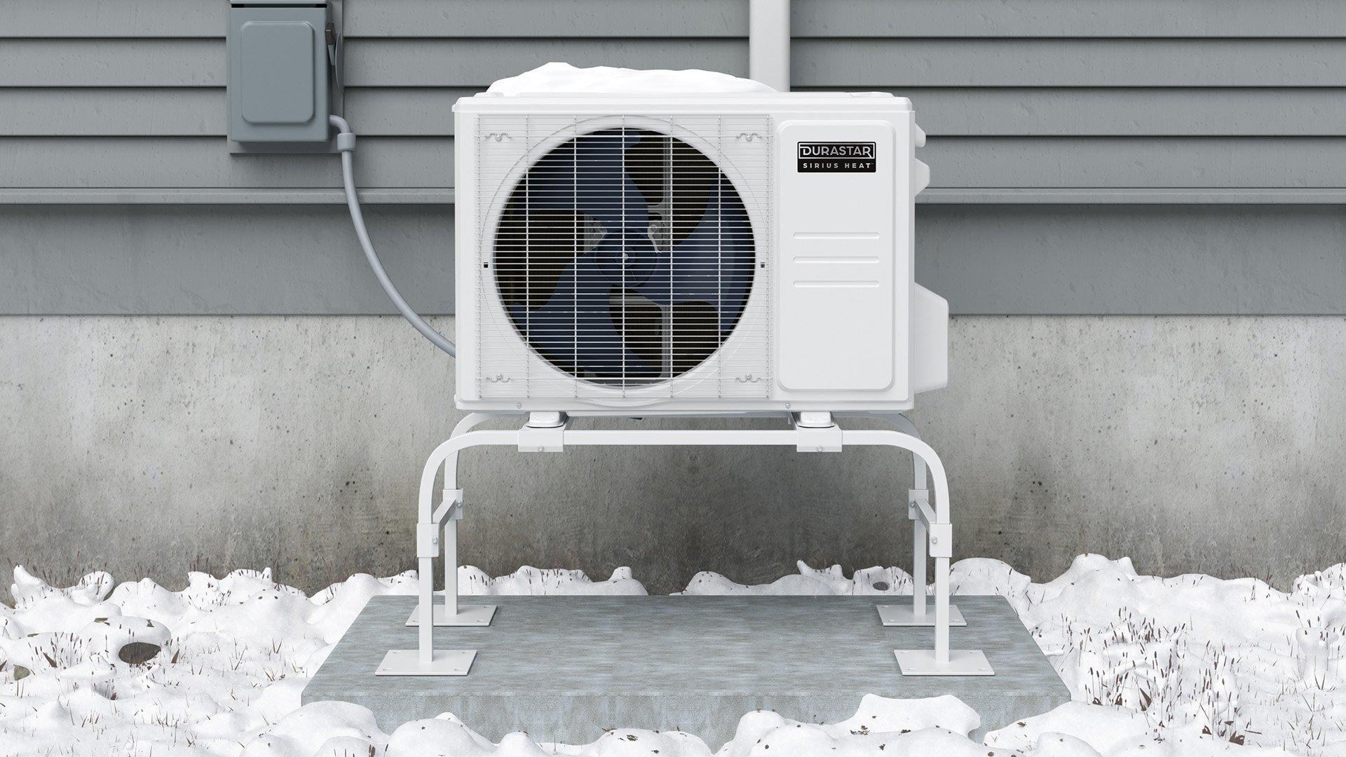Durastar Sirius Heat Pump outside with snow on the ground