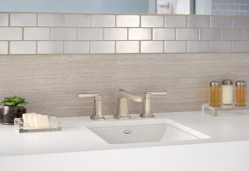 American Standard Brushed Nickel Widespread Bathroom Faucet with Double Lever Handle 