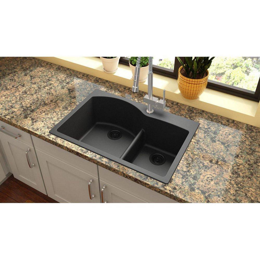 Elkay Black 33 x 22 in. No Hole Composite Double Bowl Drop-in Kitchen Sink 