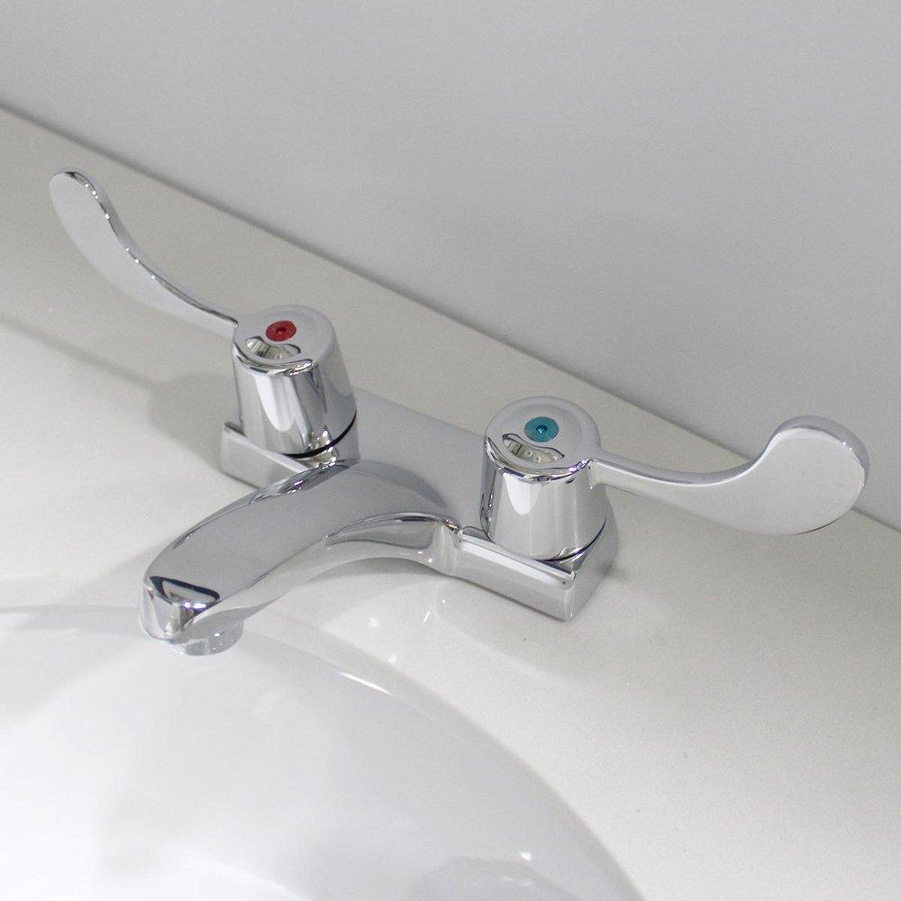 Speakman Polished Chrome 0.5 gpm 2-Hole Counter Mount Centerset Lavatory Faucet with Double Wrist Blade Handle 
