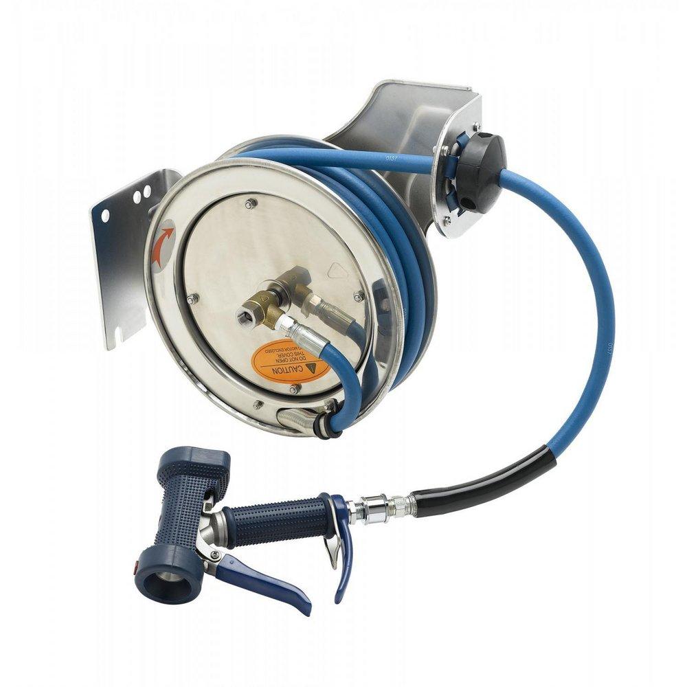 T&S Brass Stainless Steel 3/8 in. Hose Reel with Front Trigger Water Gun in Stainless Steel 