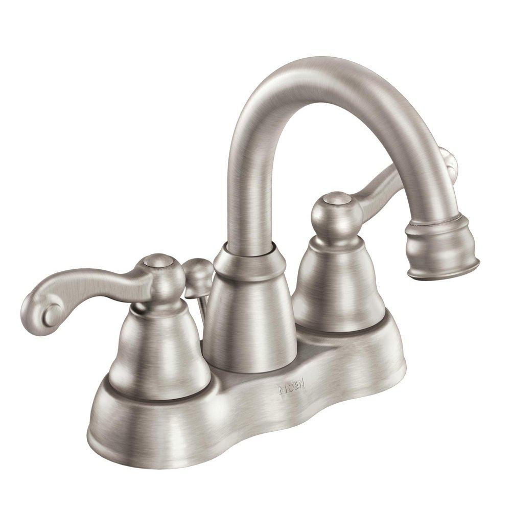 Moen Spot Resist&reg; Brushed Nickel Two Handle Centerset Bathroom Sink Faucet with Metal Pop-Up Drain Assembly 