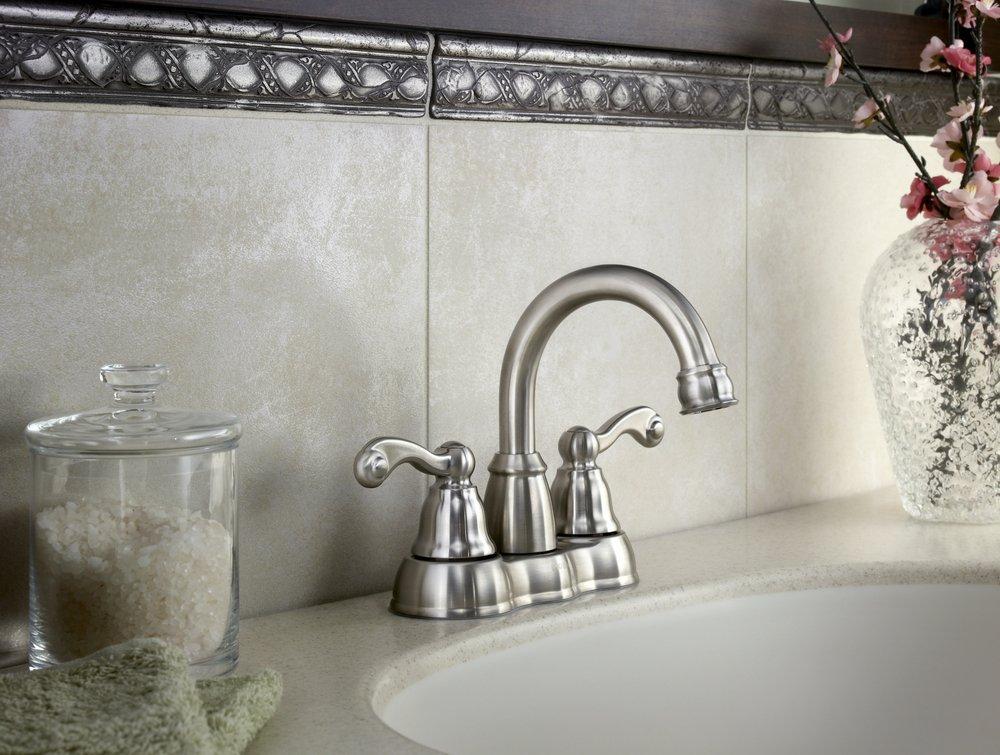 Moen Spot Resist&reg; Brushed Nickel Two Handle Centerset Bathroom Sink Faucet with Metal Pop-Up Drain Assembly 