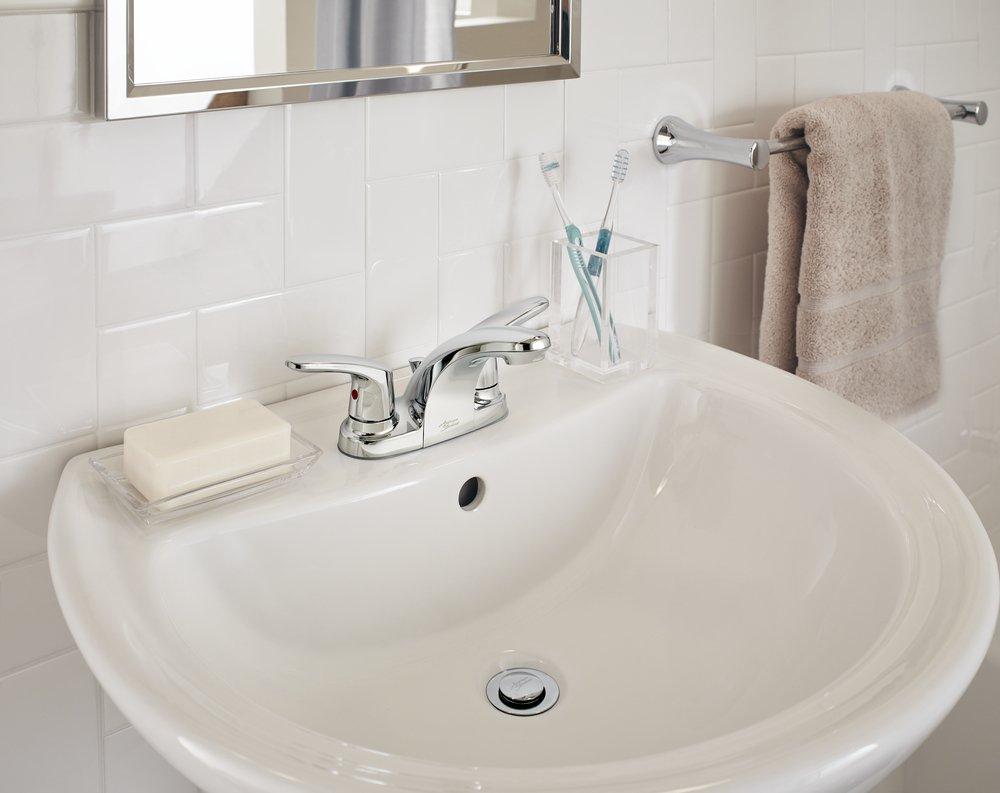 American Standard Polished Chrome Two Handle Centerset Bathroom Sink Faucet with Metal Drain Assembly 