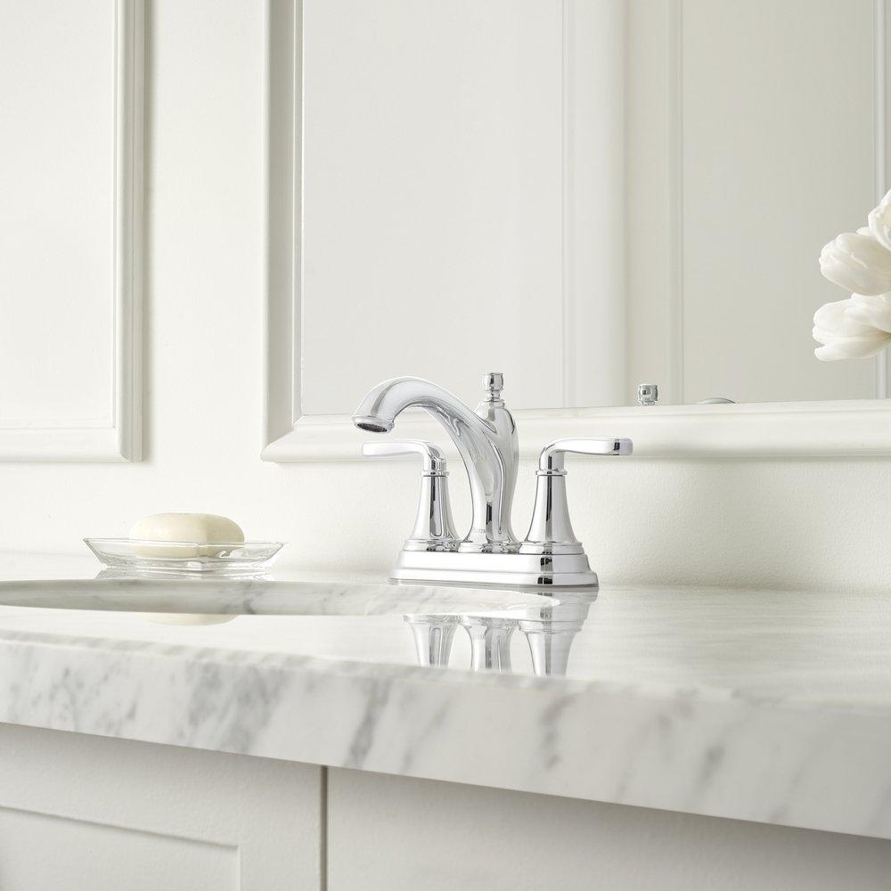 Pfister Polished Chrome Deck Mount Centerset Bathroom Sink Faucet with Double Lever Handle and High Arc Spout 