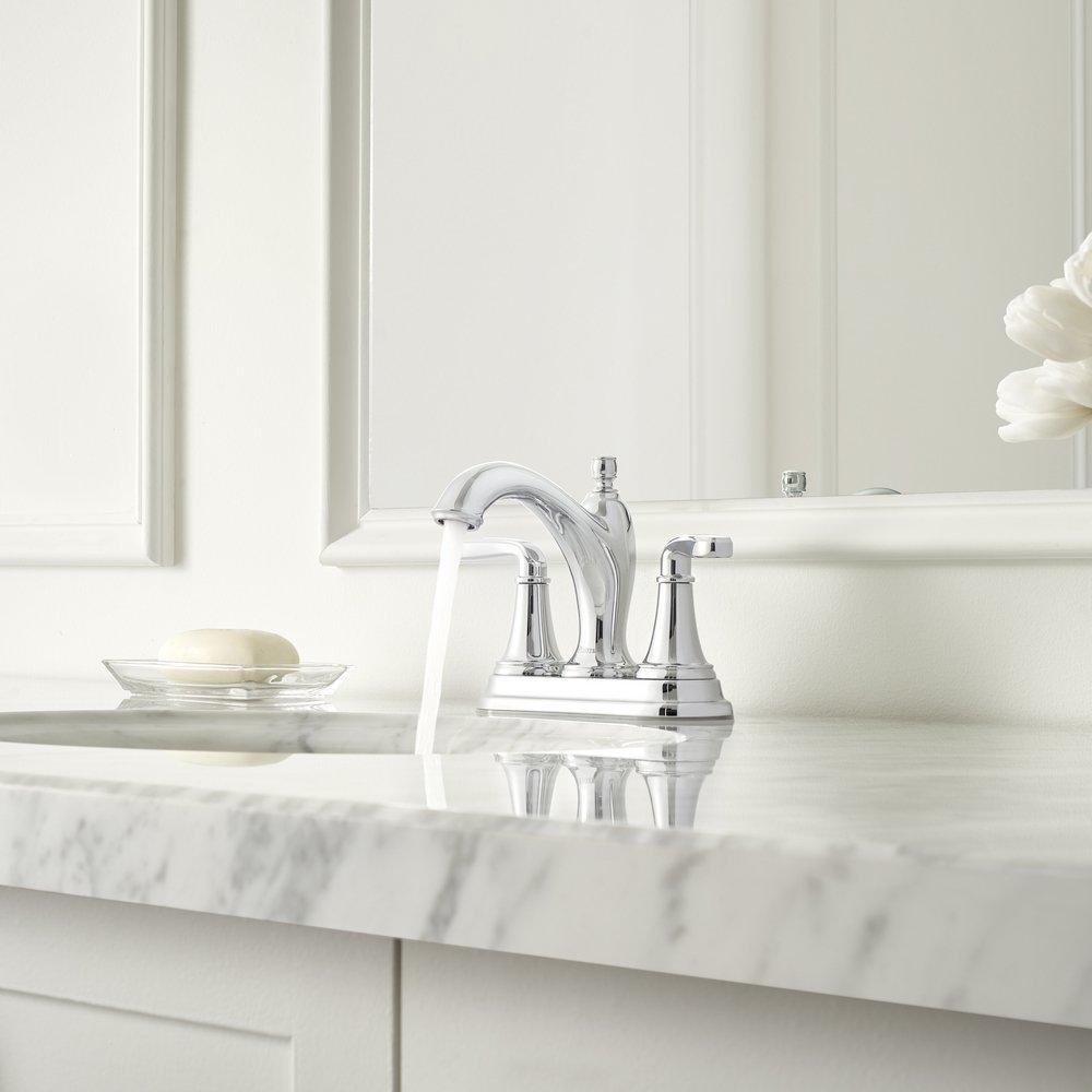 Pfister Polished Chrome Deck Mount Centerset Bathroom Sink Faucet with Double Lever Handle and High Arc Spout 