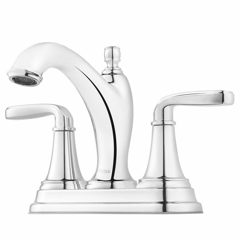Pfister Polished Chrome Deck Mount Centerset Bathroom Sink Faucet with Double Lever Handle and High Arc Spout 