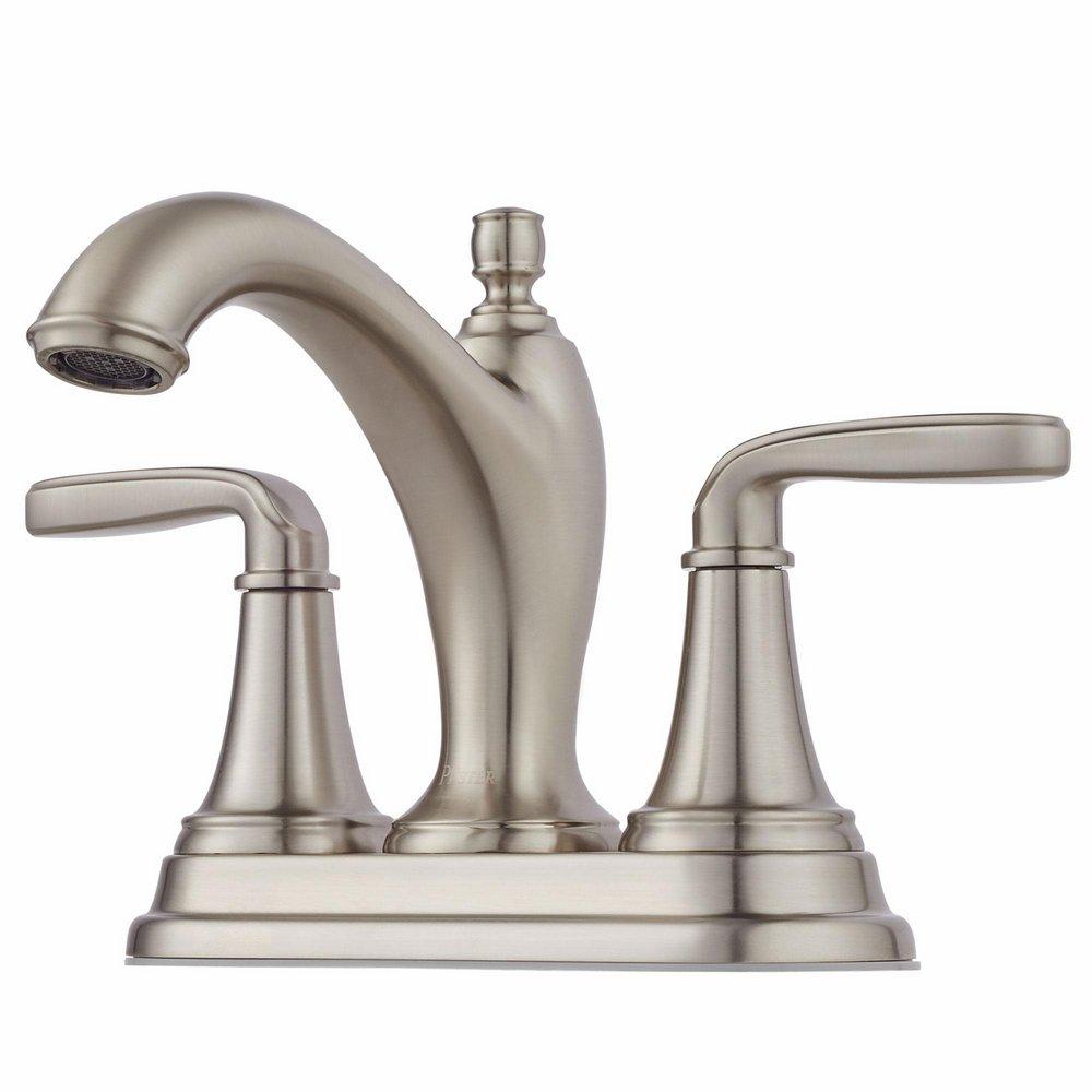 Pfister Brushed Nickel Deck Mount Centerset Bathroom Sink Faucet with Double Lever Handle and High Arc Spout 