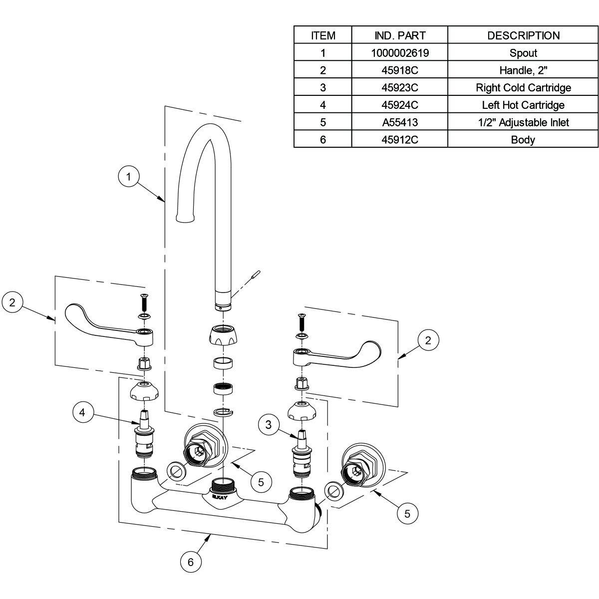 Elkay Chrome Two Handle Lever Wall Mount Faucet 