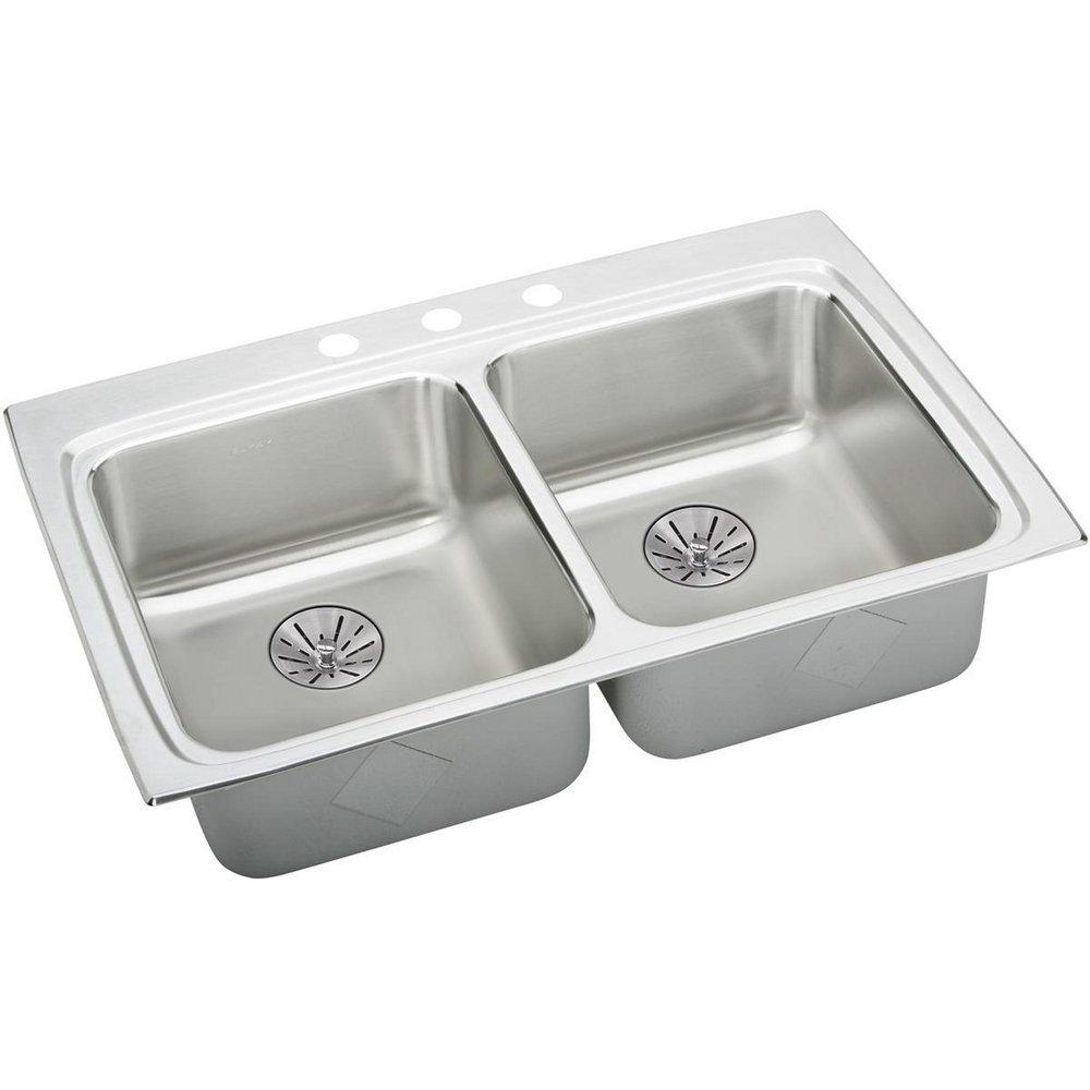 Elkay Satin 33 x 22 in. 3 Hole Stainless Steel Double Bowl Drop-in Kitchen Sink 