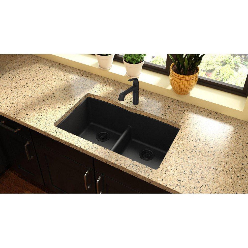 Elkay Black 33 x 19 in. No Hole Composite Double Bowl Undermount Kitchen Sink 