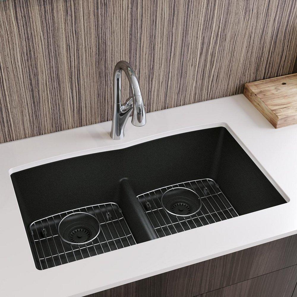 Elkay Black 33 x 19 in. No Hole Composite Double Bowl Undermount Kitchen Sink 