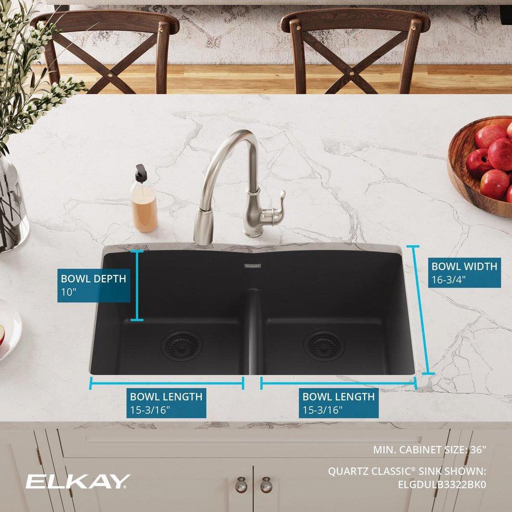 Elkay Black 33 x 19 in. No Hole Composite Double Bowl Undermount Kitchen Sink 