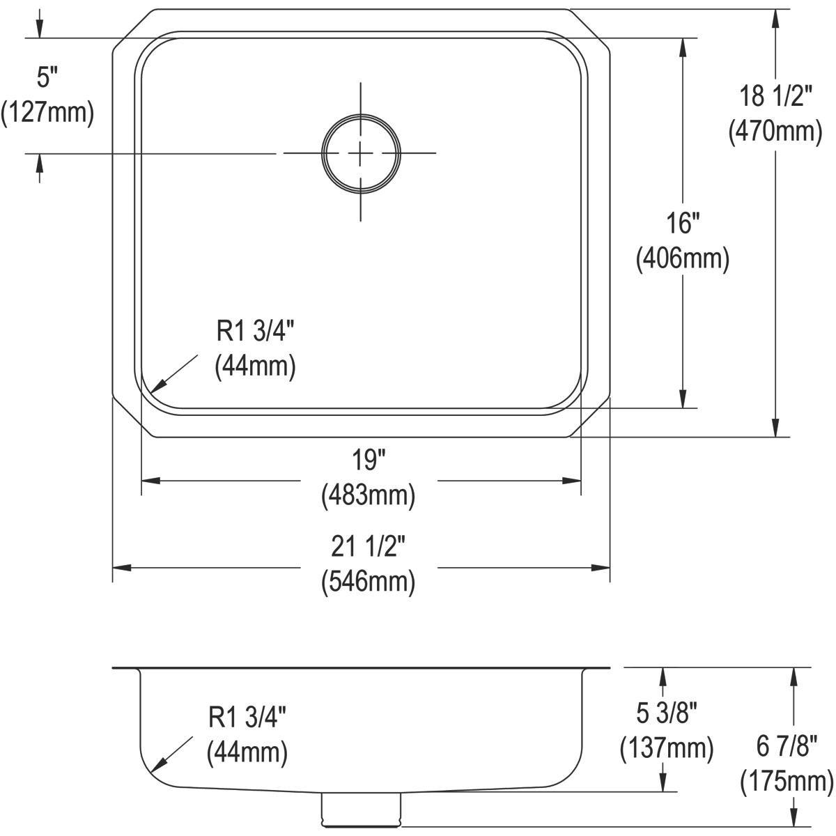 Elkay Lustertone 21-1/2 x 18-1/2 in. No Hole Stainless Steel Single Bowl Undermount Kitchen Sink 