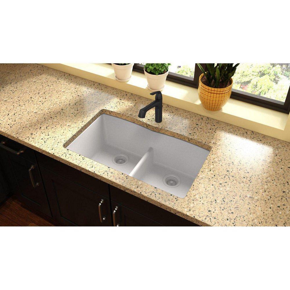 Elkay White 33 x 19 in. No Hole Composite Double Bowl Undermount Kitchen Sink 