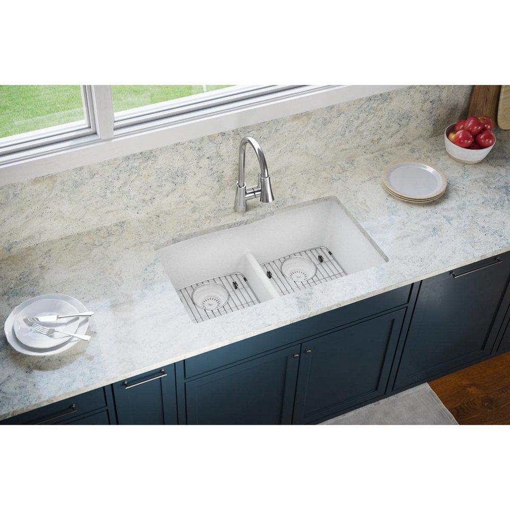 Elkay White 33 x 19 in. No Hole Composite Double Bowl Undermount Kitchen Sink 