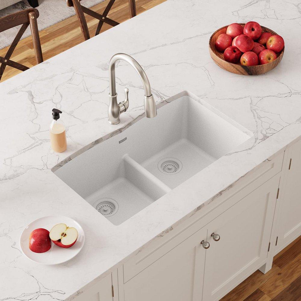 Elkay White 33 x 19 in. No Hole Composite Double Bowl Undermount Kitchen Sink 