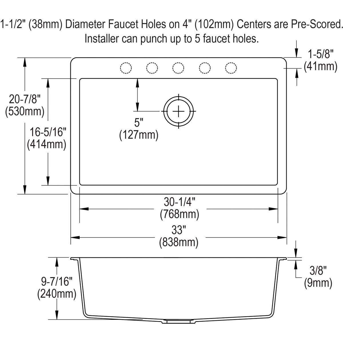 Elkay Black 33 x 20-7/8 in. No Hole Composite Single Bowl Drop-in Kitchen Sink 