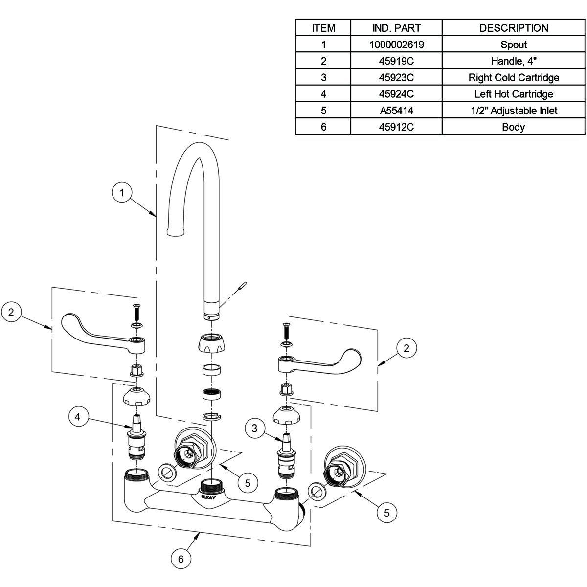 Elkay Chrome WALL MNT 8IN GN 5IN SPT 1PC WRIST BLD HNDL 4IN SHUT OFF 