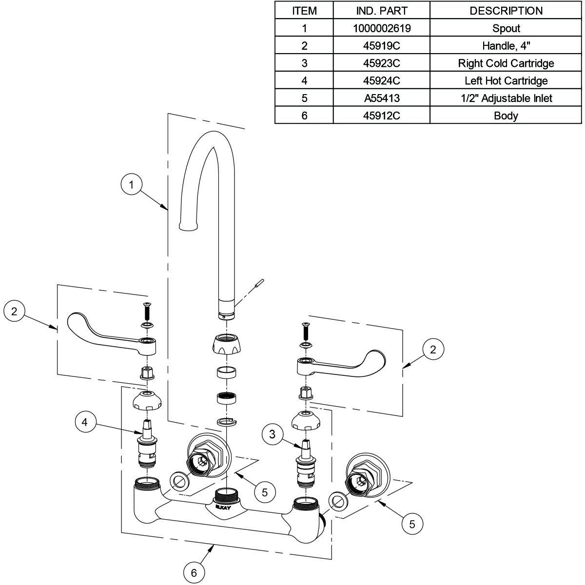Elkay Polished Chrome WALL MNT 8IN GN 5IN SPT 1PC WRIST BLD HNDL 4IN 1/2IN HW 