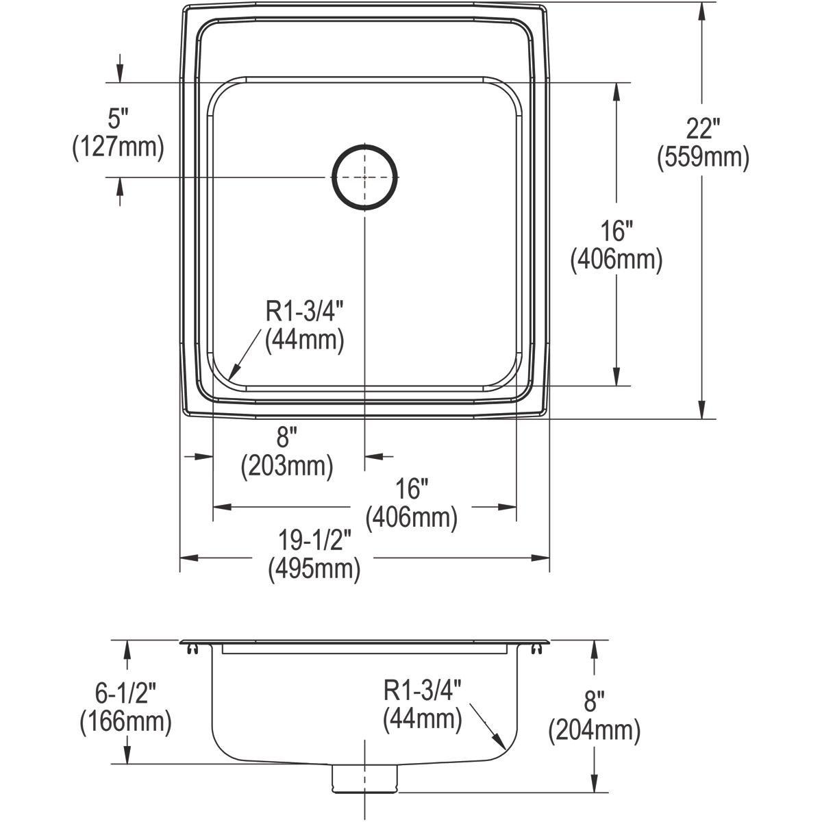 Elkay Satin 19-1/2 x 22 in. 3 Hole Single Bowl Self-rimming or Drop-in Stainless Steel Kitchen Sink with Rear Center Drain 