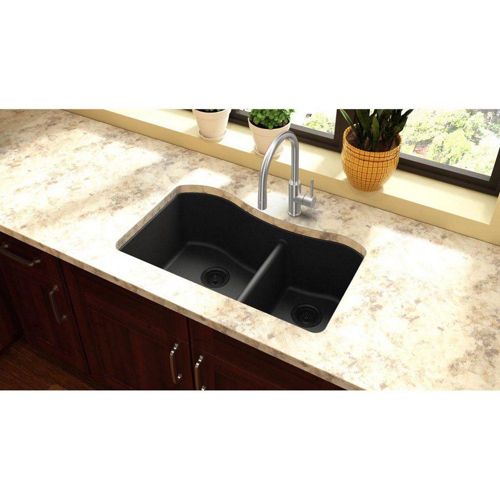 Elkay Black 32-1/2 x 20 in. No Hole Composite Double Bowl Undermount Kitchen Sink 