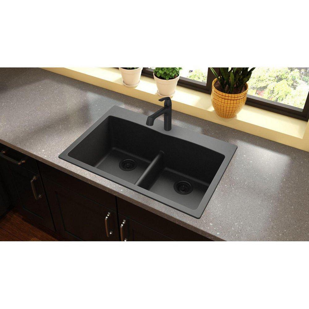 Elkay Black 33 x 22 in. No Hole Composite Double Bowl Drop-in Kitchen Sink 
