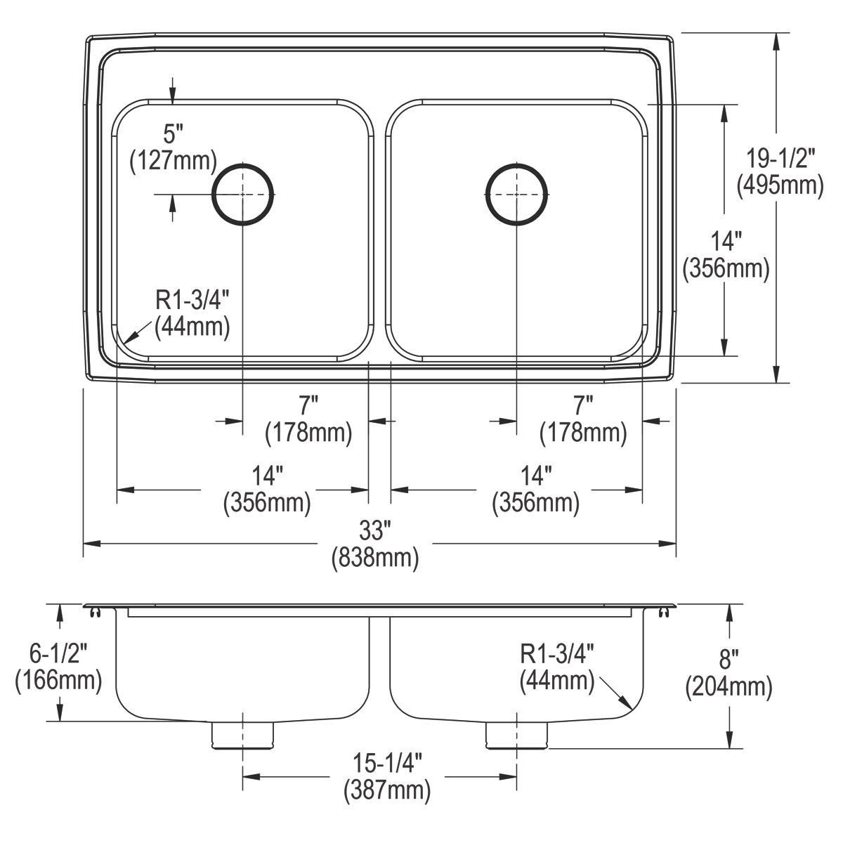 Elkay Lustrous Satin 33 x 19-1/2 in. Stainless Steel Double Bowl Drop-in Kitchen Sink in Lustrous Satin 