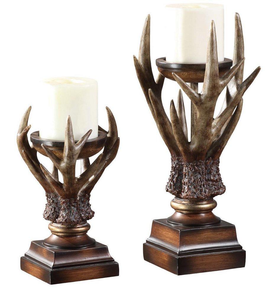 Crestview Collection Weathered Antler/Wood 13 in. Candleholder Set of 2 