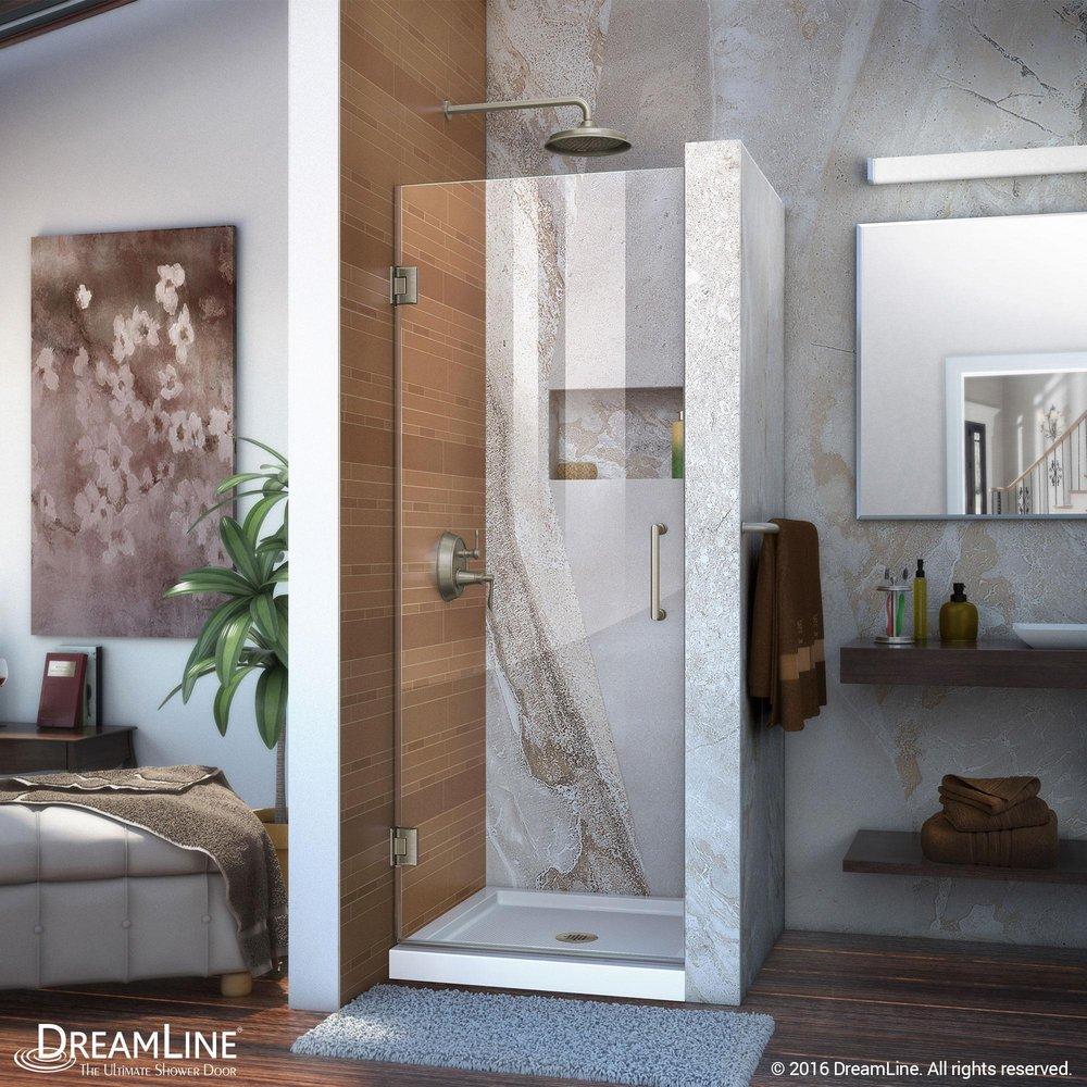 DreamLine Brushed Nickel 29 in. Frameless Hinged Shower Door with Clear Glass 