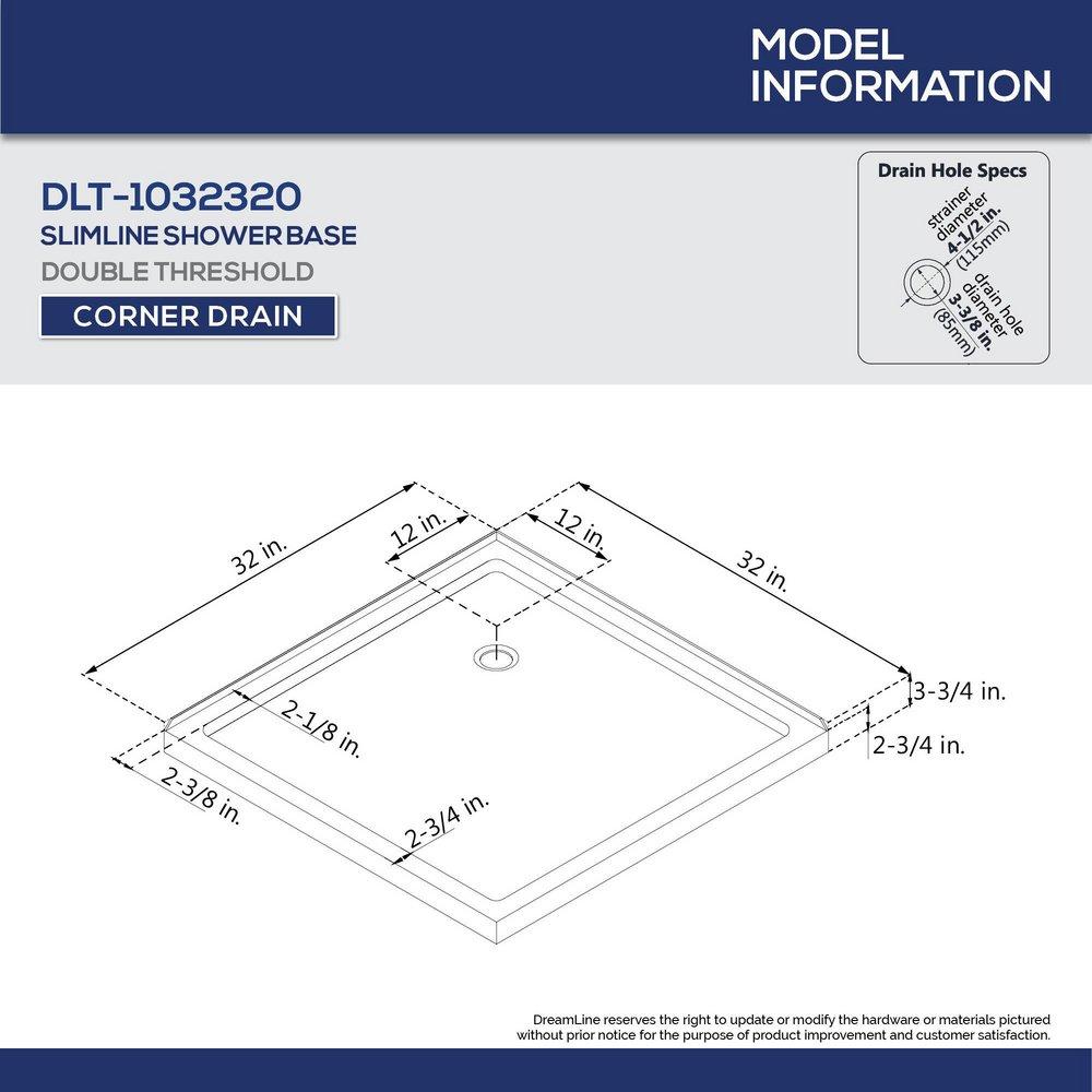 DreamLine White 32 x 32 in. Double Threshold Shower Base with Corner Drain 
