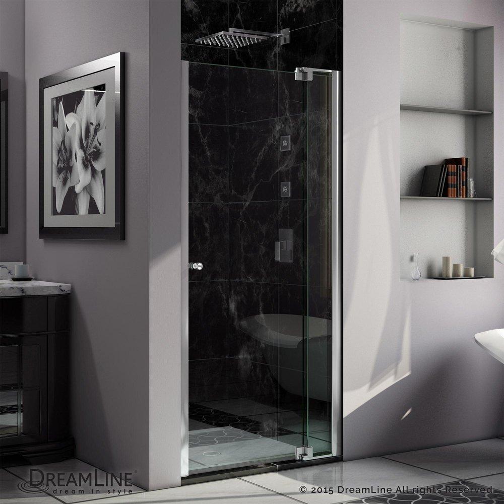 DreamLine Chrome 31 in. Frameless Pivot Shower Door with Clear Tempered Glass 
