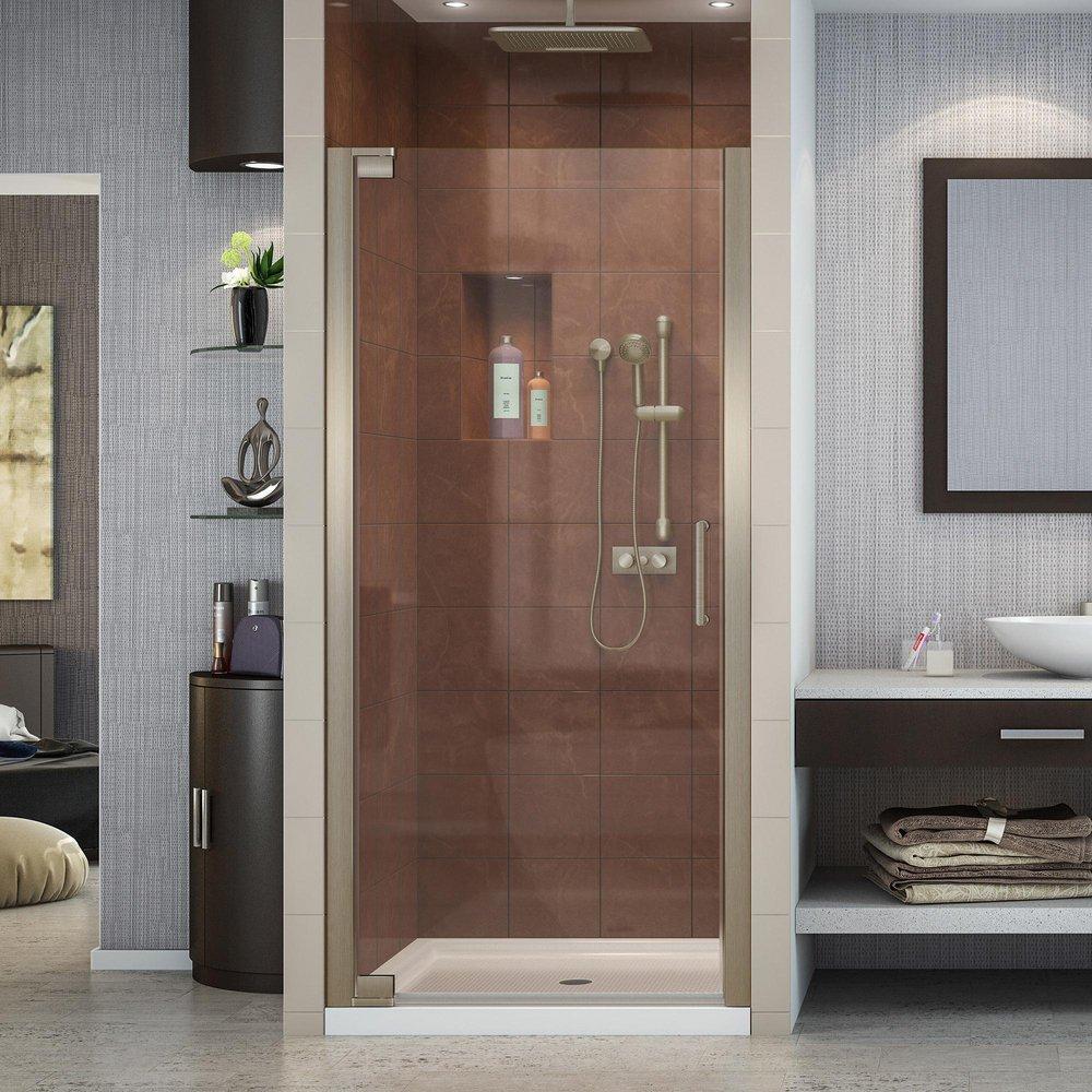 DreamLine Brushed Nickel 34-1/4 in. Frameless Pivot Shower Door with Tempered Glass 